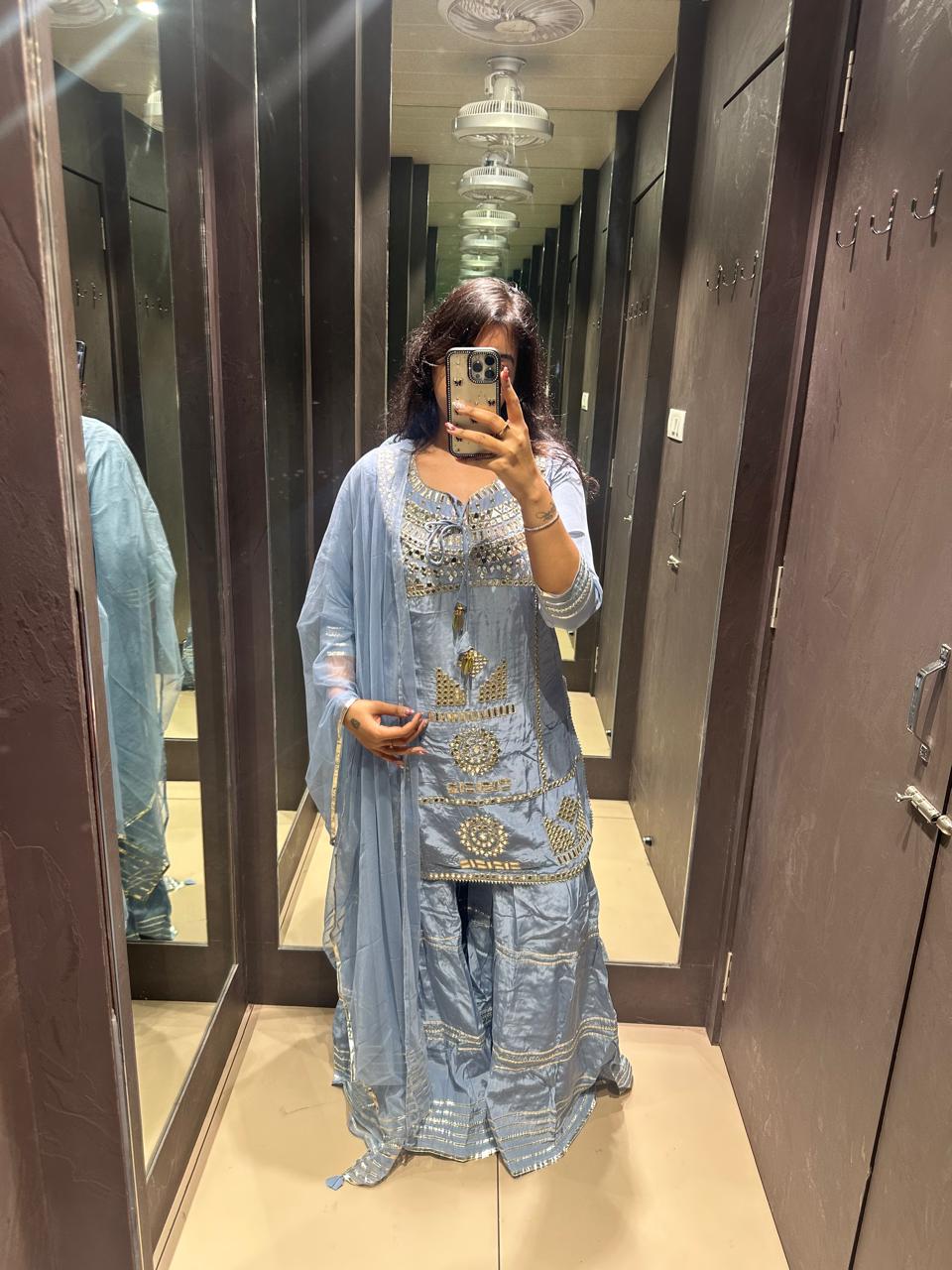 SKY BLUE SARARA SET MIRROR WORK