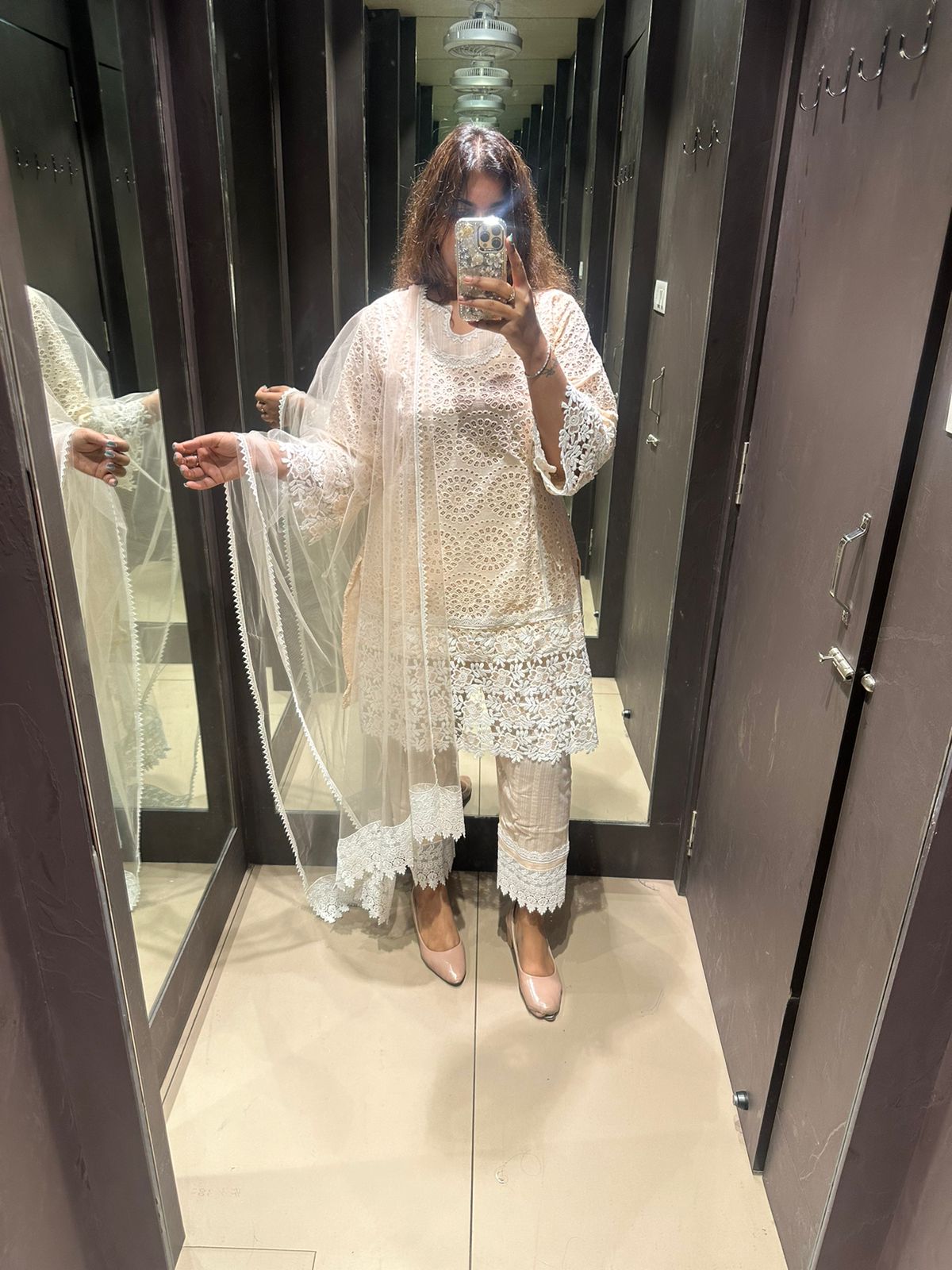 white crochet dress with dupatta