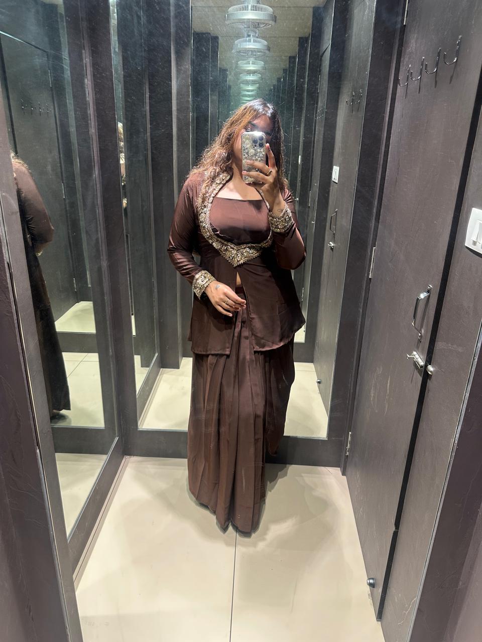 3 PIECE BROWN AND GOLD SKIRT DHOTI