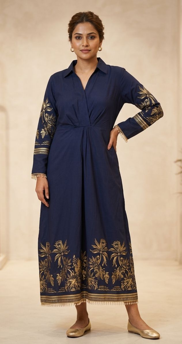 BLUE ONE PIECE  WITH GOLDEN WORK