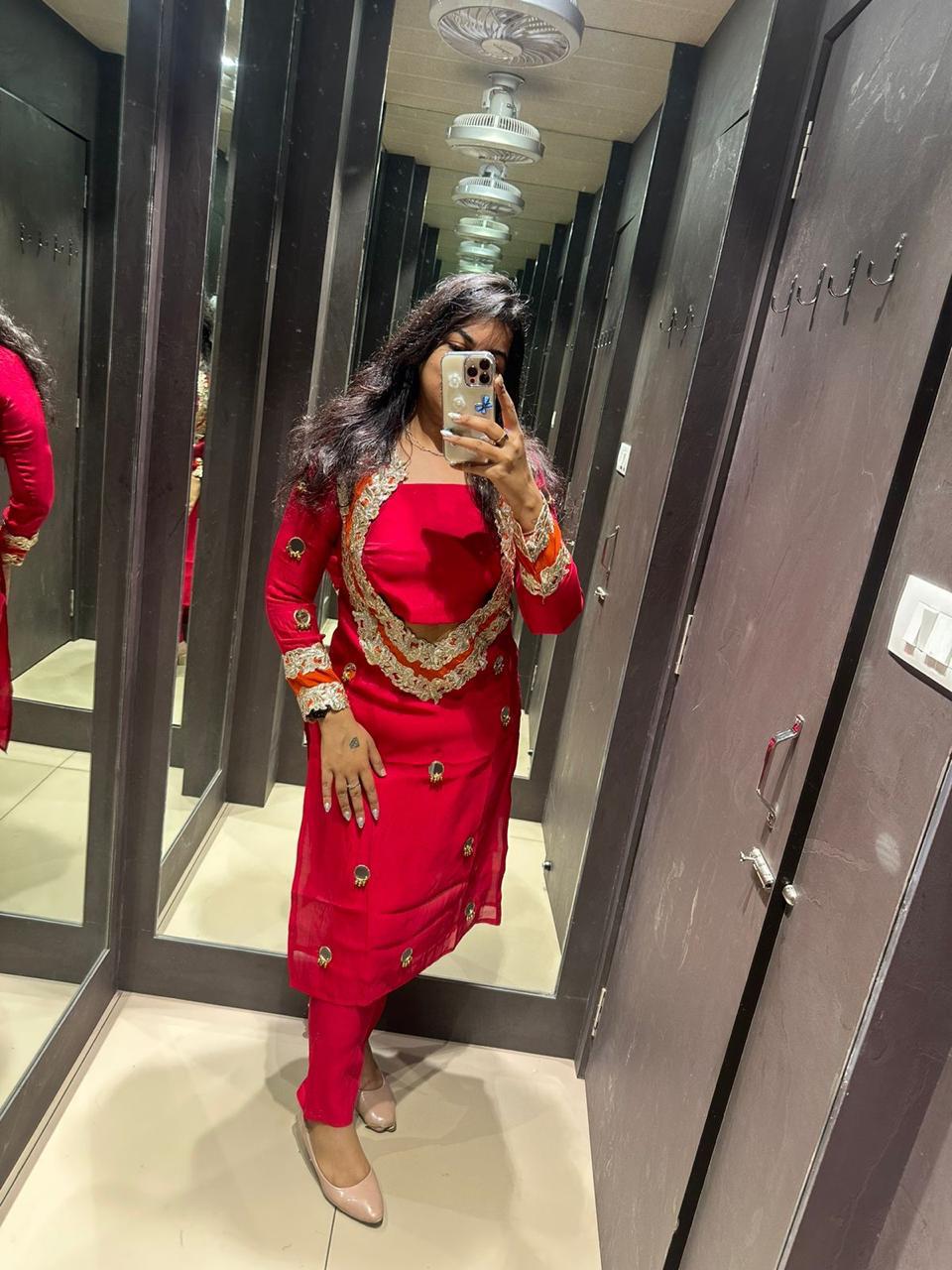 ORANGE AND RED KURTA SET WITH MIRROR WORK