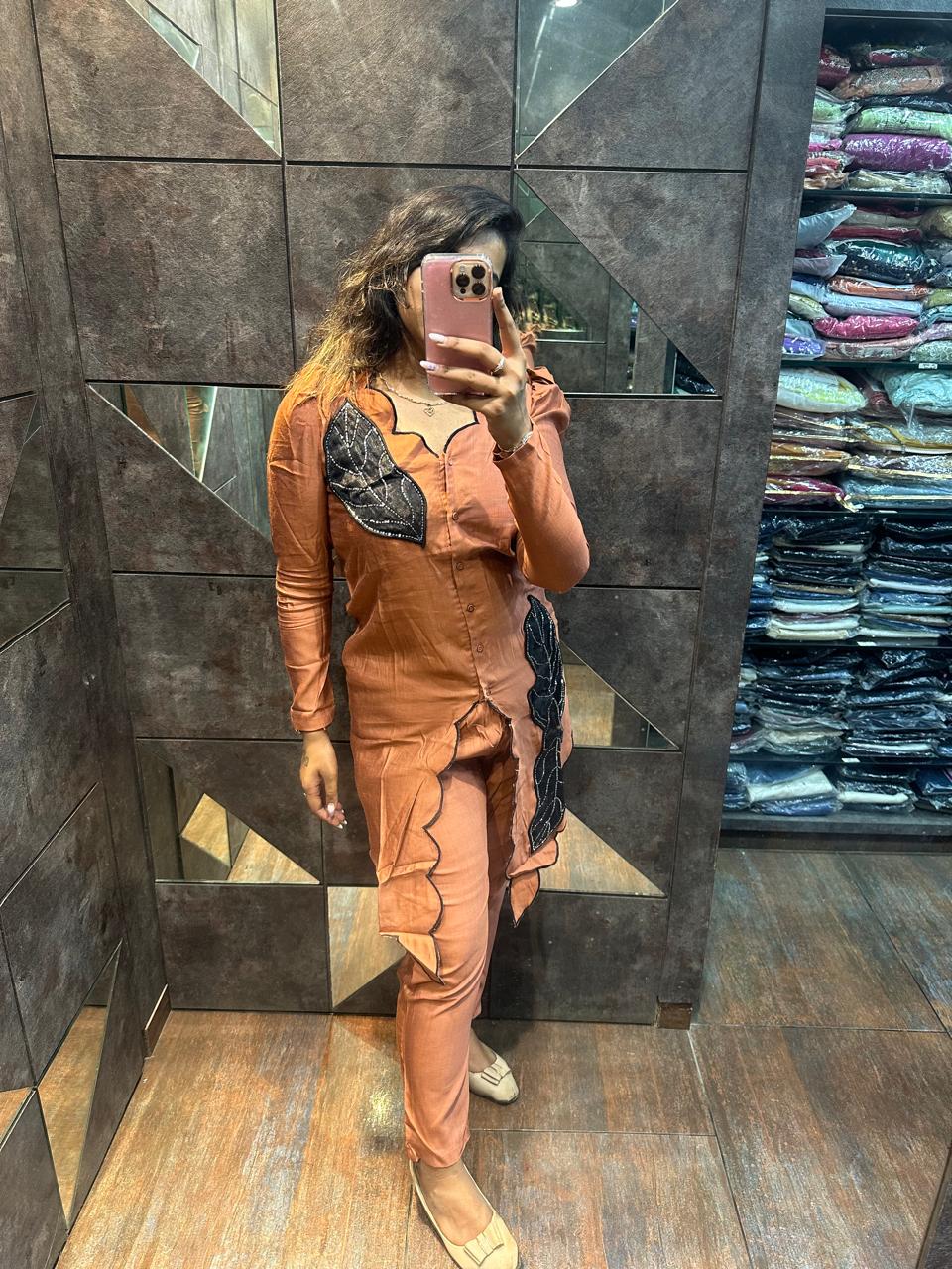 RUST COORD SET WITH BLACK FLOWERS