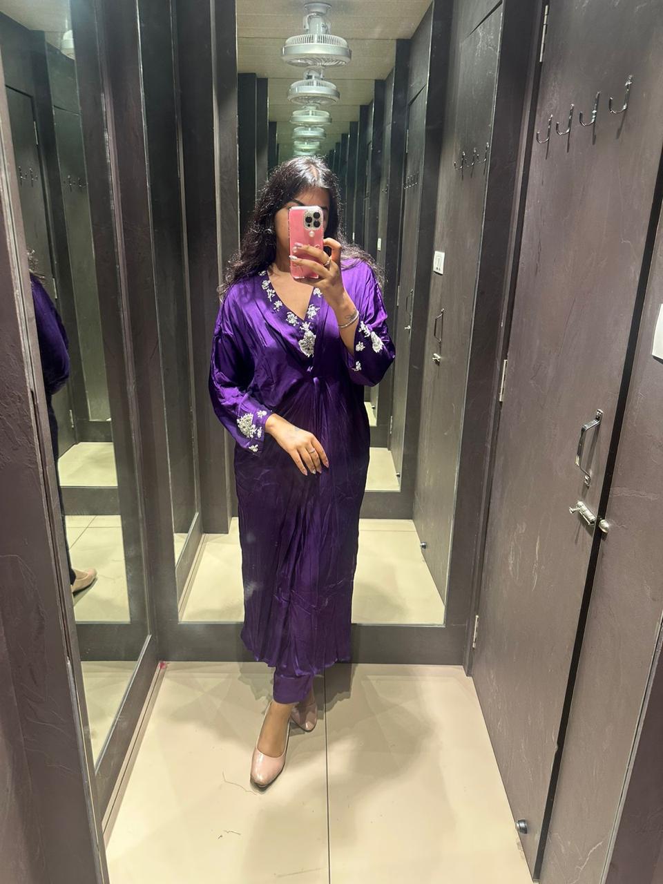 PURPLE LONG COORD SET WITH PEARLS AND PANTS