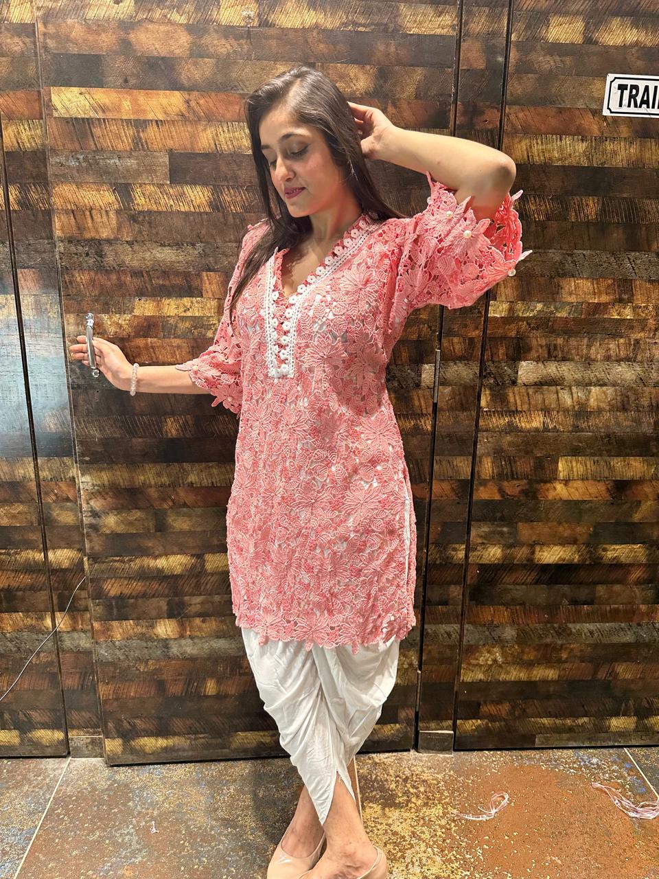 PINK CROCHET TOP WITH WHITE DHOTI