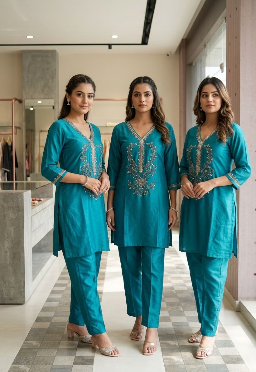 BLUE INDIAN COORD SET WITH RODE WORK ALL OVER