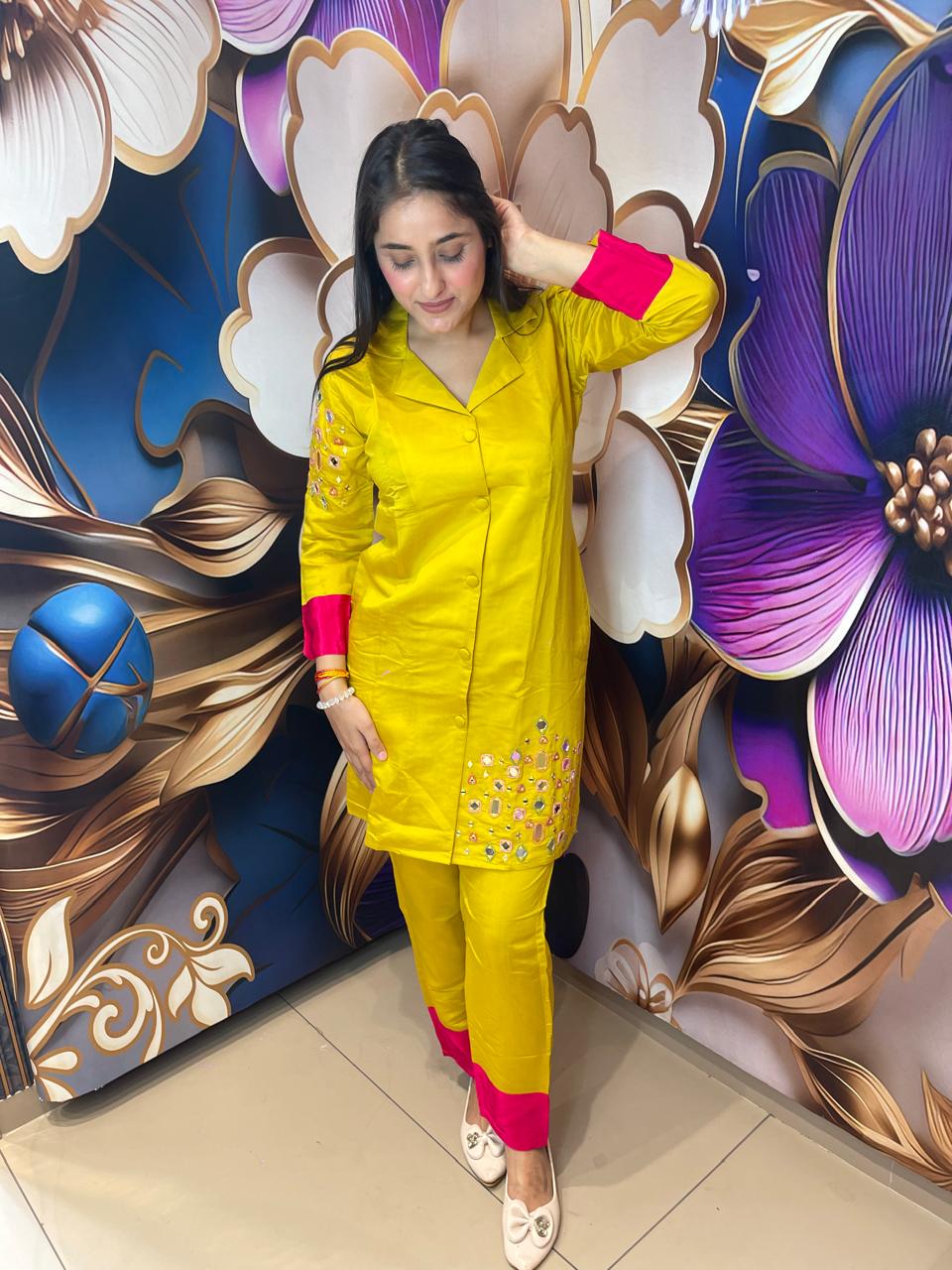YELLOW AND PINK WITH MIRROR WORK