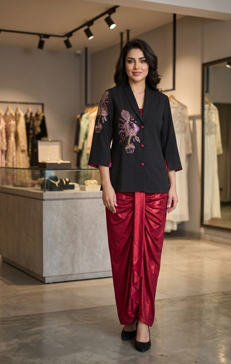 RED SKIRT DHOTI WITH BLAZER